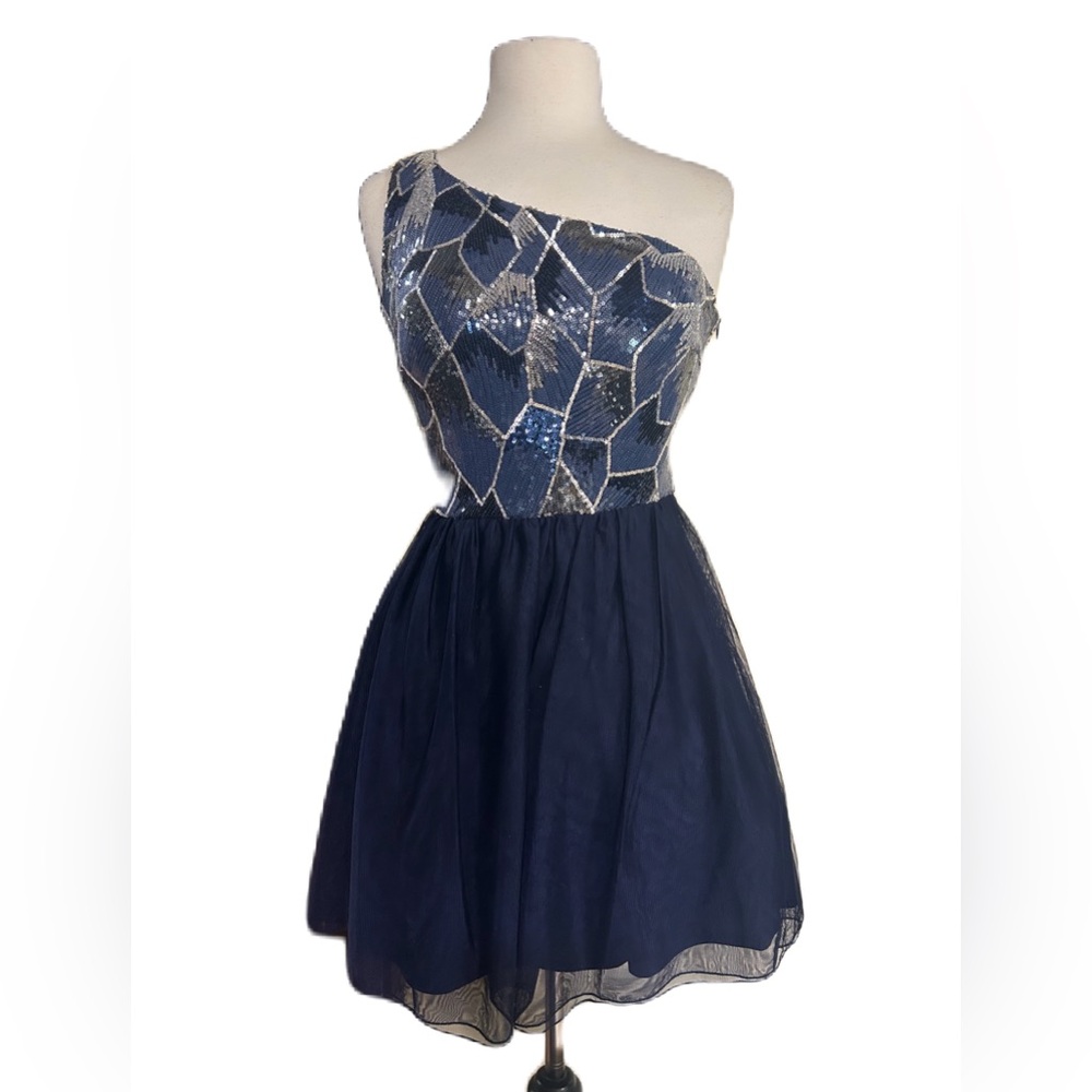 BCX Juniors' Sequin One-Shoulder Mesh-Skirt Dress M Blue Prom Dance Formal Party